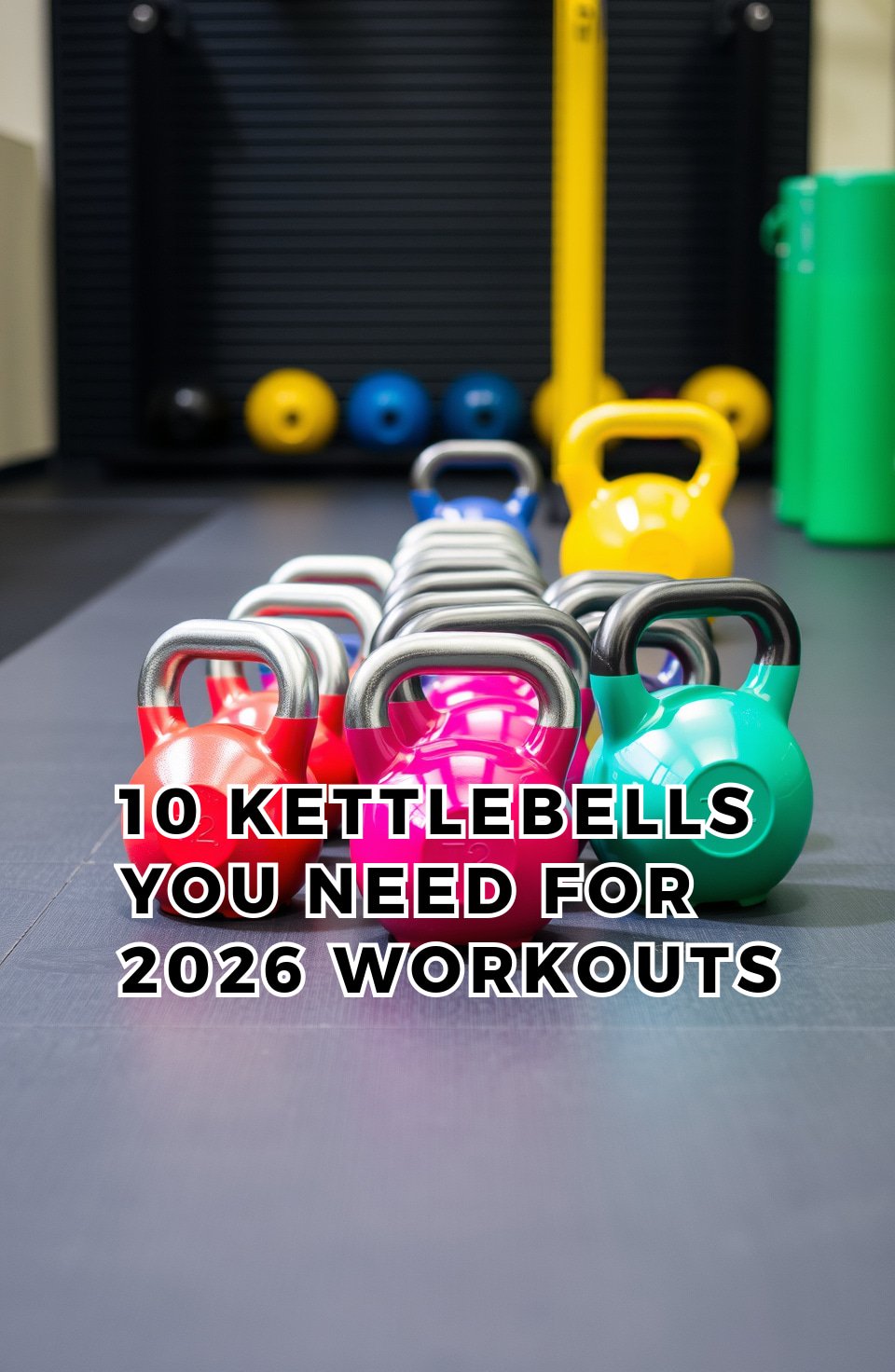 An assortment of kettlebells in various weights displayed on a gym floor