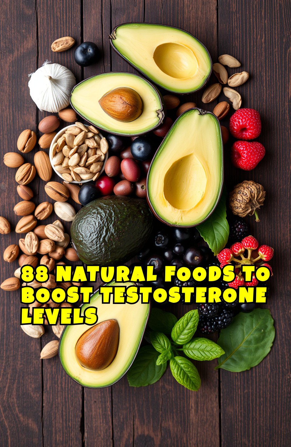 A vibrant flat-lay of various natural foods including nuts, seeds, and fruits on a wooden table