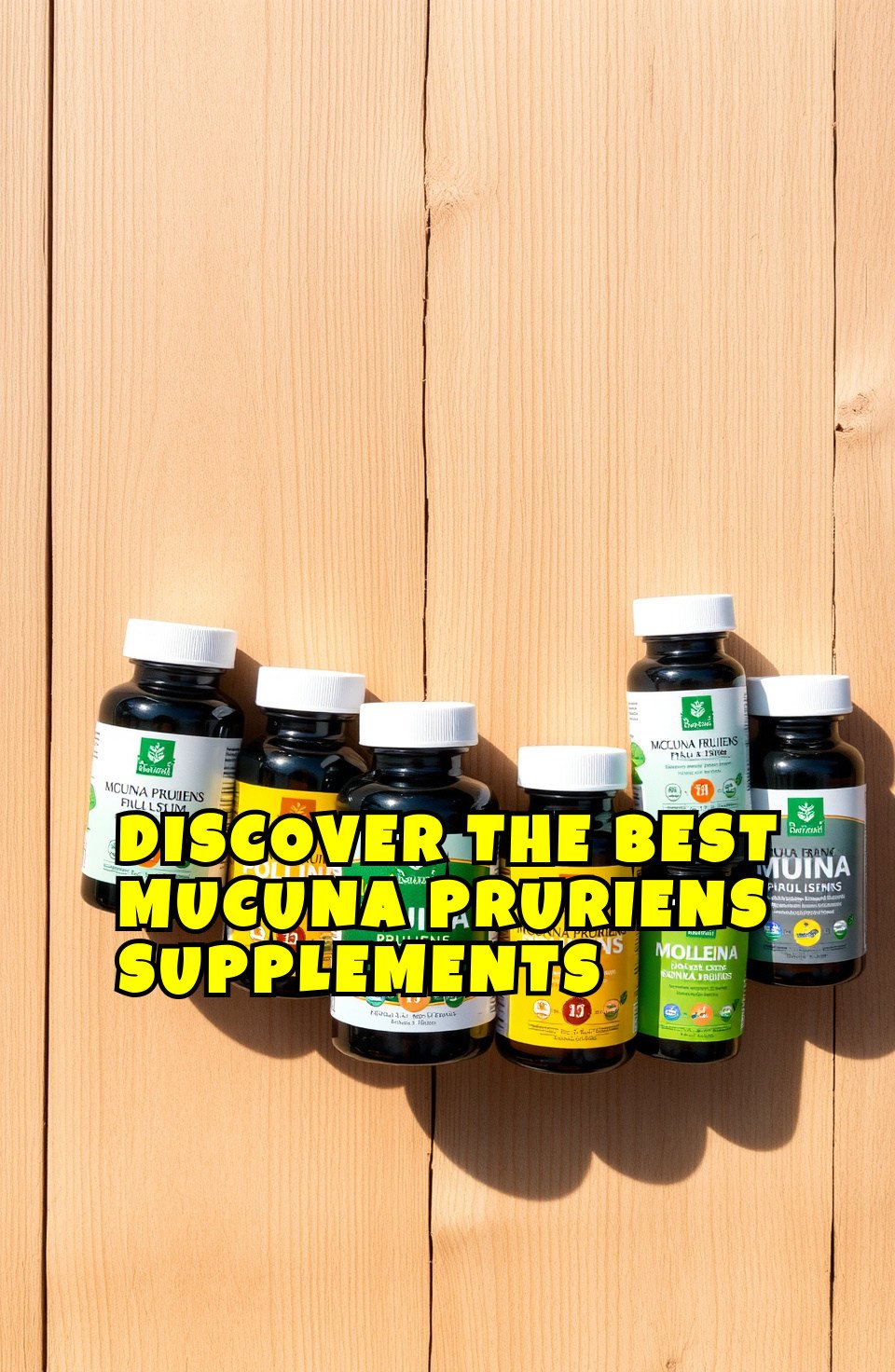 A flat-lay arrangement of various Mucuna Pruriens supplement bottles on a wooden surface