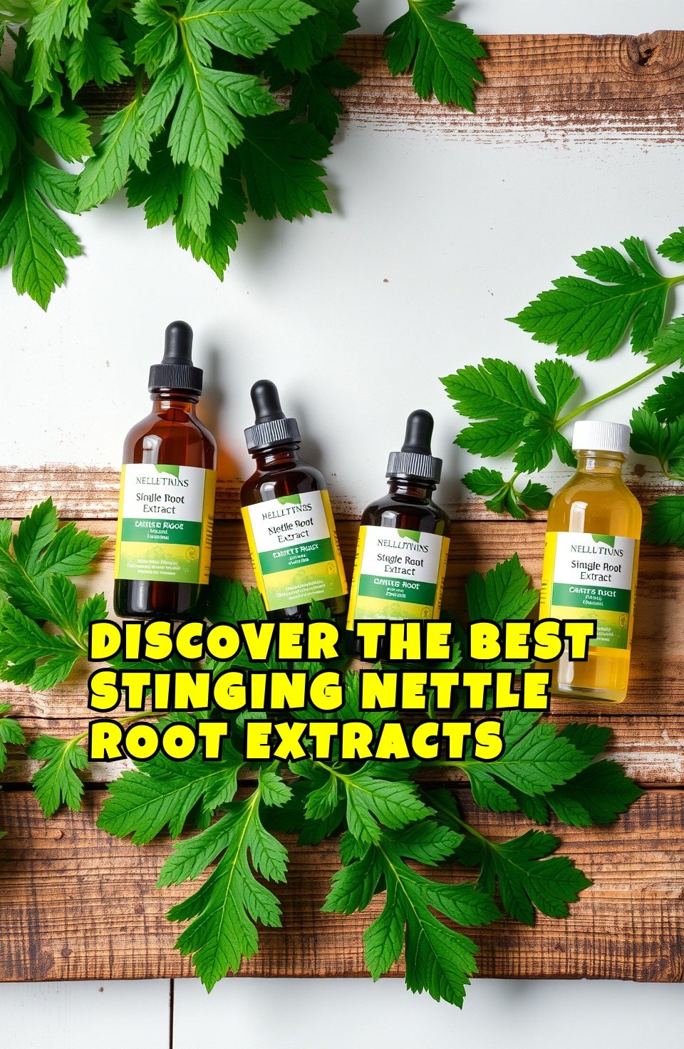 A flat-lay of various stinging nettle root extract bottles on a wooden surface with green leaves