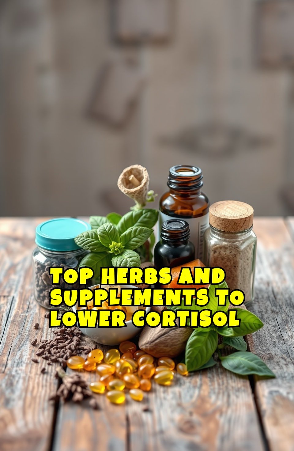 A vibrant flat-lay of various herbs and supplements on a wooden table