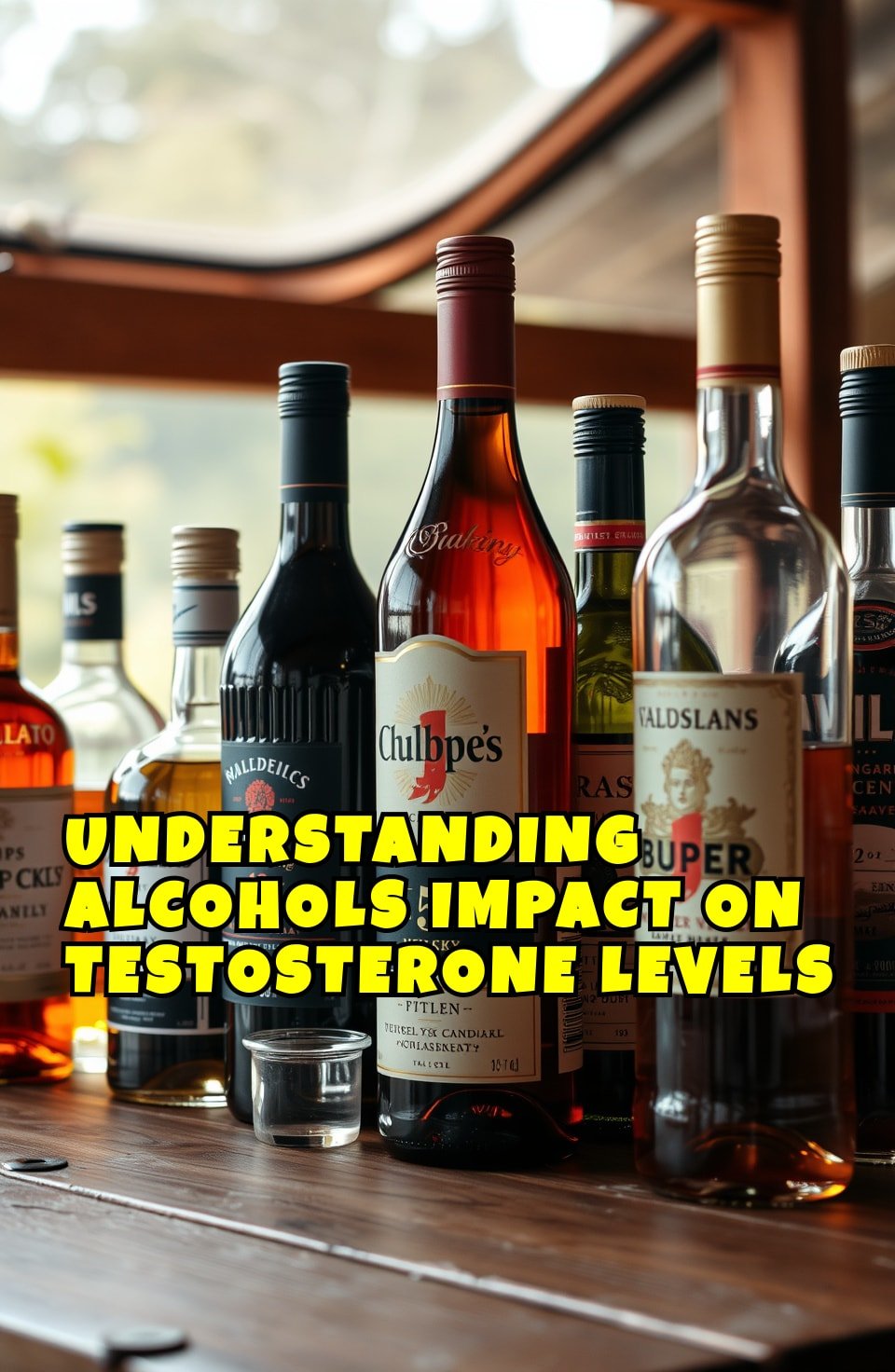A flat-lay of various alcohol bottles on a wooden table with a blurred background